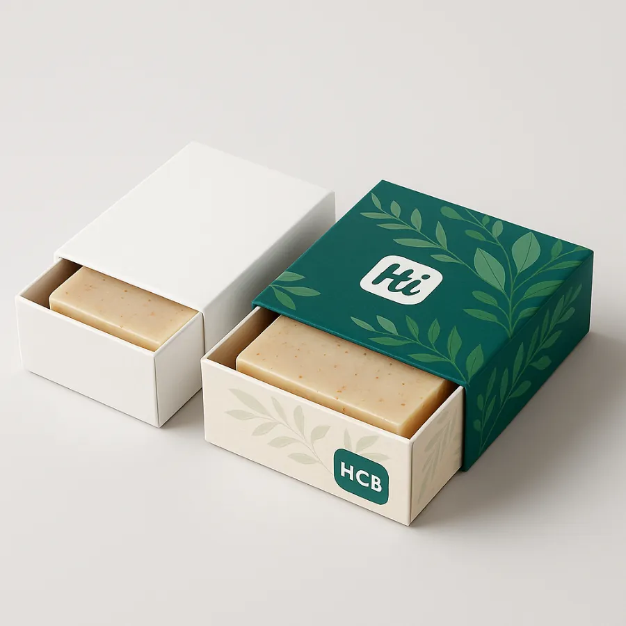 Two sliding drawer boxes for soap- one white- one custom-printed with a green leaf design- class=